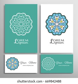 Mandala sign symbol, colorful round ornament. Business cards set. Decorative doodle art, stylized floral pattern. Isolated design elements for logo, icon, label, emblem. Tribal ethnic decoration