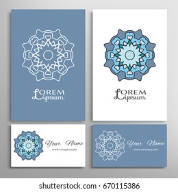 Mandala sign symbol, colorful round ornament. Business cards set. Decorative doodle art, stylized floral pattern. Isolated design elements for logo, icon, label, emblem. Tribal ethnic decoration