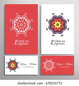 Mandala sign symbol, colorful round ornament. Business cards set. Decorative doodle art, stylized floral pattern. Isolated design elements for logo, icon, label, emblem. Tribal ethnic decoration