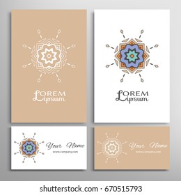 Mandala sign symbol, colorful round ornament. Business cards set. Decorative doodle art, stylized floral pattern. Isolated design elements for logo, icon, label, emblem. Tribal ethnic decoration