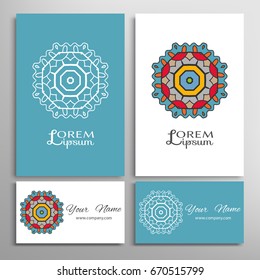 Mandala sign symbol, colorful round ornament. Business cards set. Decorative doodle art, stylized floral pattern. Isolated design elements for logo, icon, label, emblem. Tribal ethnic decoration