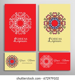 Mandala sign symbol, colorful round ornament. Business cards set. Decorative doodle art, stylized floral pattern. Isolated design elements for logo, icon, label, emblem. Tribal ethnic decoration