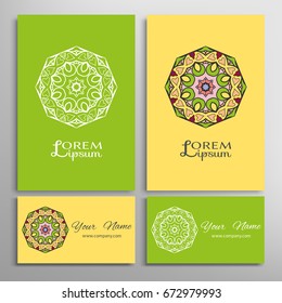 Mandala sign symbol, colorful round ornament. Business cards set. Decorative doodle art, stylized floral pattern. Isolated design elements for logo, icon, label, emblem. Tribal ethnic decoration