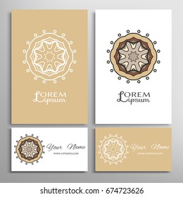 Mandala sign symbol, colorful round ornament. Business cards set. Decorative doodle art, stylized floral pattern. Isolated design elements for logo, icon, label, emblem. Tribal ethnic decoration