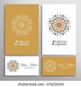 Mandala sign symbol, colorful round ornament. Business cards set. Decorative doodle art, stylized floral pattern. Isolated design elements for logo, icon, label, emblem. Tribal ethnic decoration