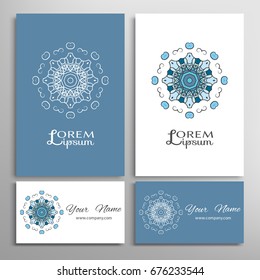 Mandala sign symbol, colorful round ornament. Business cards set. Decorative doodle art, stylized floral pattern. Isolated design elements for logo, icon, label, emblem. Tribal ethnic decoration