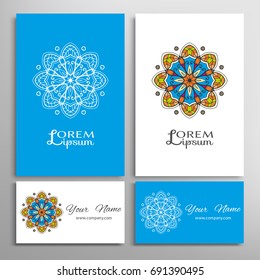 Mandala sign symbol, colorful round ornament. Business cards set. Decorative doodle art, stylized floral pattern. Isolated design elements for logo, icon, label, emblem. Tribal ethnic decoration