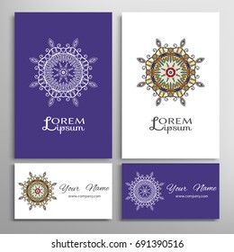 Mandala sign symbol, colorful round ornament. Business cards set. Decorative doodle art, stylized floral pattern. Isolated design elements for logo, icon, label, emblem. Tribal ethnic decoration
