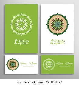 Mandala sign symbol, colorful round ornament. Business cards set. Decorative doodle art, stylized floral pattern. Isolated design elements for logo, icon, label, emblem. Tribal ethnic decoration