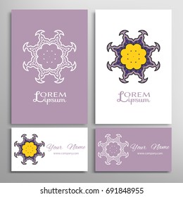 Mandala sign symbol, colorful round ornament. Business cards set. Decorative doodle art, stylized floral pattern. Isolated design elements for logo, icon, label, emblem. Tribal ethnic decoration