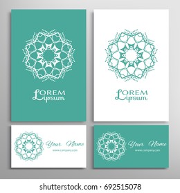 Mandala sign symbol, colorful round ornament. Business cards set. Decorative doodle art, stylized floral pattern. Isolated design elements for logo, icon, label, emblem. Tribal ethnic decoration