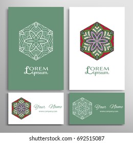 Mandala sign symbol, colorful round ornament. Business cards set. Decorative doodle art, stylized floral pattern. Isolated design elements for logo, icon, label, emblem. Tribal ethnic decoration