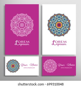 Mandala sign symbol, colorful round ornament. Business cards set. Decorative doodle art, stylized floral pattern. Isolated design elements for logo, icon, label, emblem. Tribal ethnic decoration