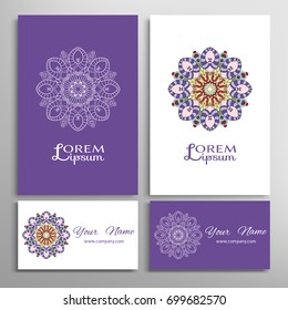 Mandala sign symbol, colorful round ornament. Business cards set. Decorative doodle art, stylized floral pattern. Isolated design elements for logo, icon, label, emblem. Tribal ethnic decoration