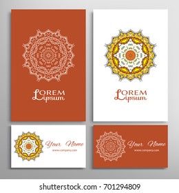 Mandala sign symbol, colorful round ornament. Business cards set. Decorative doodle art, stylized floral pattern. Isolated design elements for logo, icon, label, emblem. Tribal ethnic decoration