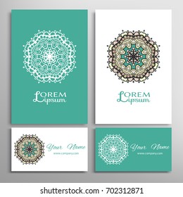 Mandala sign symbol, colorful round ornament. Business cards set. Decorative doodle art, stylized floral pattern. Isolated design elements for logo, icon, label, emblem. Tribal ethnic decoration