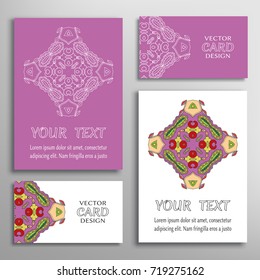 Mandala sign symbol, colorful round ornament. Business cards set. Decorative doodle art, stylized floral pattern. Isolated design elements for logo, icon, label, emblem. Tribal ethnic decoration