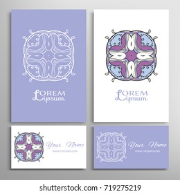 Mandala sign symbol, colorful round ornament. Business cards set. Decorative doodle art, stylized floral pattern. Isolated design elements for logo, icon, label, emblem. Tribal ethnic decoration