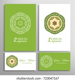 Mandala sign symbol, colorful round ornament. Business cards set. Decorative doodle art, stylized floral pattern. Isolated design elements for logo, icon, label, emblem. Tribal ethnic decoration