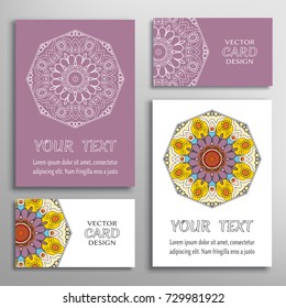 Mandala sign symbol, colorful round ornament. Business cards set. Decorative doodle art, stylized floral pattern. Isolated design elements for logo, icon, label, emblem. Tribal ethnic decoration