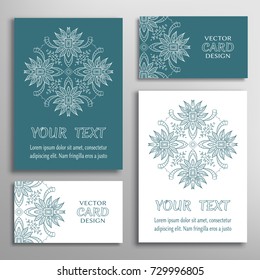 Mandala sign symbol, colorful round ornament. Business cards set. Decorative doodle art, stylized floral pattern. Isolated design elements for logo, icon, label, emblem. Tribal ethnic decoration