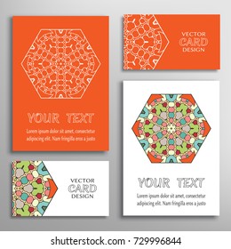 Mandala sign symbol, colorful round ornament. Business cards set. Decorative doodle art, stylized floral pattern. Isolated design elements for logo, icon, label, emblem. Tribal ethnic decoration