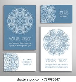Mandala sign symbol, colorful round ornament. Business cards set. Decorative doodle art, stylized floral pattern. Isolated design elements for logo, icon, label, emblem. Tribal ethnic decoration