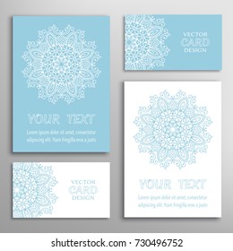 Mandala sign symbol, colorful round ornament. Business cards set. Decorative doodle art, stylized floral pattern. Isolated design elements for logo, icon, label, emblem. Tribal ethnic decoration