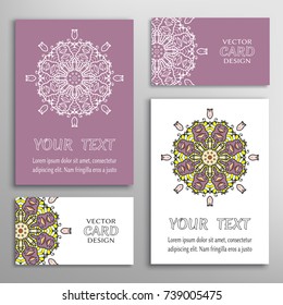 Mandala sign symbol, colorful round ornament. Business cards set. Decorative doodle art, stylized floral pattern. Isolated design elements for logo, icon, label, emblem. Tribal ethnic decoration