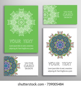 Mandala sign symbol, colorful round ornament. Business cards set. Decorative doodle art, stylized floral pattern. Isolated design elements for logo, icon, label, emblem. Tribal ethnic decoration
