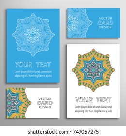 Mandala sign symbol, colorful round ornament. Business cards set. Decorative doodle art, stylized floral pattern. Isolated design elements for logo, icon, label, emblem. Tribal ethnic decoration