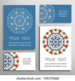 Mandala sign symbol, colorful round ornament. Business cards set. Decorative doodle art, stylized floral pattern. Isolated design elements for logo, icon, label, emblem. Tribal ethnic decoration