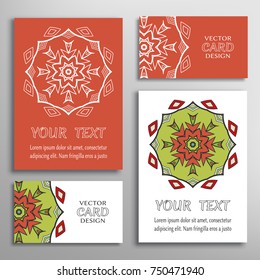 Mandala sign symbol, colorful round ornament. Business cards set. Decorative doodle art, stylized floral pattern. Isolated design elements for logo, icon, label, emblem. Tribal ethnic decoration