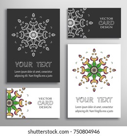 Mandala sign symbol, colorful round ornament. Business cards set. Decorative doodle art, stylized floral pattern. Isolated design elements for logo, icon, label, emblem. Tribal ethnic decoration