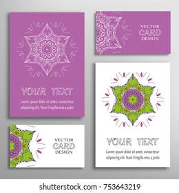 Mandala sign symbol, colorful round ornament. Business cards set. Decorative doodle art, stylized floral pattern. Isolated design elements for logo, icon, label, emblem. Tribal ethnic decoration