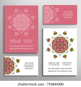 Mandala sign symbol, colorful round ornament. Business cards set. Decorative doodle art, stylized floral pattern. Isolated design elements for logo, icon, label, emblem. Tribal ethnic decoration
