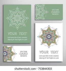 Mandala sign symbol, colorful round ornament. Business cards set. Decorative doodle art, stylized floral pattern. Isolated design elements for logo, icon, label, emblem. Tribal ethnic decoration