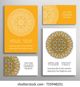 Mandala sign symbol, colorful round ornament. Business cards set. Decorative doodle art, stylized floral pattern. Isolated design elements for logo, icon, label, emblem. Tribal ethnic decoration