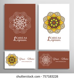 Mandala sign symbol, colorful round ornament. Business cards set. Decorative doodle art, stylized floral pattern. Isolated design elements for logo, icon, label, emblem. Tribal ethnic decoration