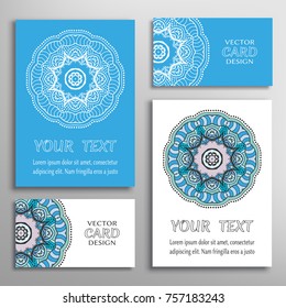 Mandala sign symbol, colorful round ornament. Business cards set. Decorative doodle art, stylized floral pattern. Isolated design elements for logo, icon, label, emblem. Tribal ethnic decoration