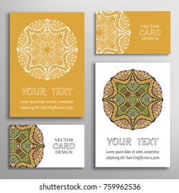 Mandala sign symbol, colorful round ornament. Business cards set. Decorative doodle art, stylized floral pattern. Isolated design elements for logo, icon, label, emblem. Tribal ethnic decoration