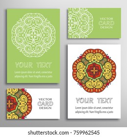 Mandala sign symbol, colorful round ornament. Business cards set. Decorative doodle art, stylized floral pattern. Isolated design elements for logo, icon, label, emblem. Tribal ethnic decoration