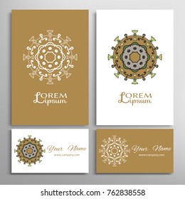 Mandala sign symbol, colorful round ornament. Business cards set. Decorative doodle art, stylized floral pattern. Isolated design elements for logo, icon, label, emblem. Tribal ethnic decoration