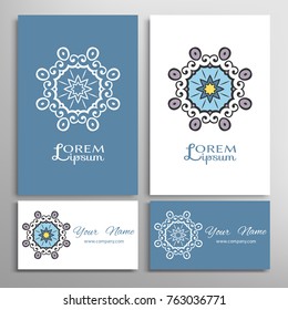Mandala sign symbol, colorful round ornament. Business cards set. Decorative doodle art, stylized floral pattern. Isolated design elements for logo, icon, label, emblem. Tribal ethnic decoration