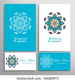 Mandala sign symbol, colorful round ornament. Business cards set. Decorative doodle art, stylized floral pattern. Isolated design elements for logo, icon, label, emblem. Tribal ethnic decoration