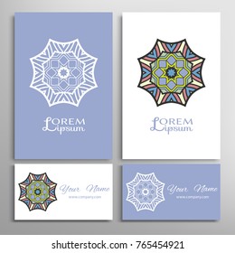 Mandala sign symbol, colorful round ornament. Business cards set. Decorative doodle art, stylized floral pattern. Isolated design elements for logo, icon, label, emblem. Tribal ethnic decoration
