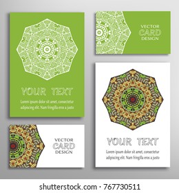 Mandala sign symbol, colorful round ornament. Business cards set. Decorative doodle art, stylized floral pattern. Isolated design elements for logo, icon, label, emblem. Tribal ethnic decoration