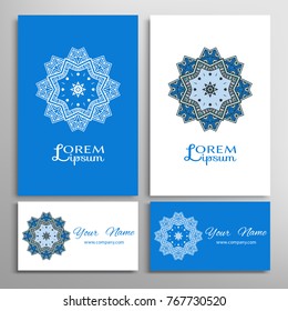 Mandala sign symbol, colorful round ornament. Business cards set. Decorative doodle art, stylized floral pattern. Isolated design elements for logo, icon, label, emblem. Tribal ethnic decoration