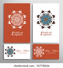 Mandala sign symbol, colorful round ornament. Business cards set. Decorative doodle art, stylized floral pattern. Isolated design elements for logo, icon, label, emblem. Tribal ethnic decoration
