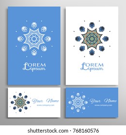 Mandala sign symbol, colorful round ornament. Business cards set. Decorative doodle art, stylized floral pattern. Isolated design elements for logo, icon, label, emblem. Tribal ethnic decoration